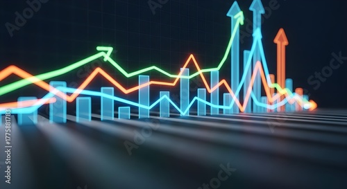 3D bar graph with glowing lines showing upward and downward trends against a dark grid background