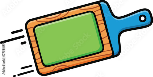 Flying Kitchen Cutting Board With Blue Handle Green Surface And Wooden Edges On White Background