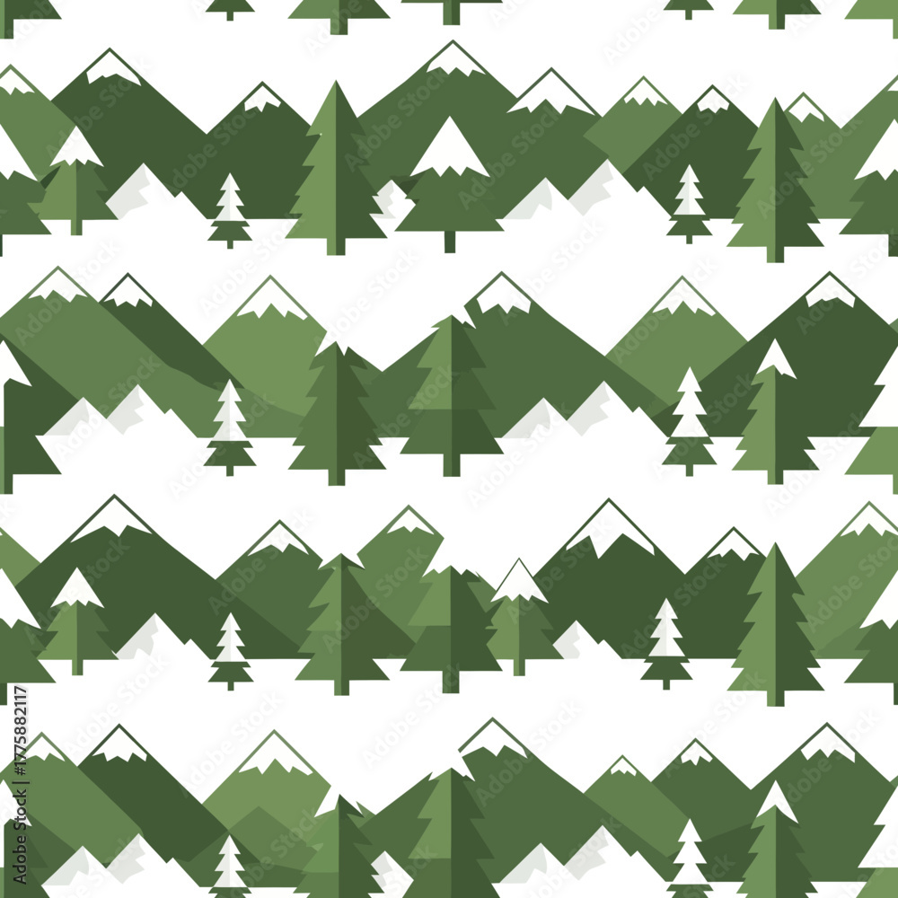 Obraz premium Seamless pattern of stylized green mountains and pine trees with snow-capped peaks on a white background.