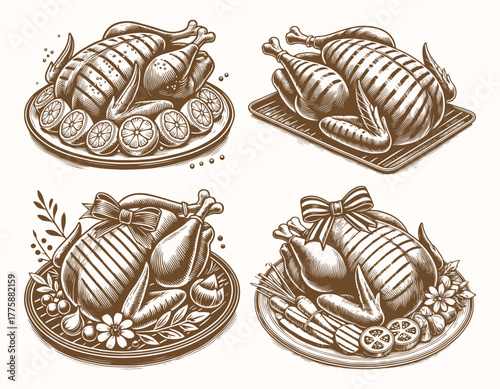 Thanksgiving Turkey With Vegetables On Plate Vector set