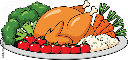 Delicious Roasted Turkey Dinner With Broccoli Carrots Tomatoes and Mashed Potatoes on a White Plate