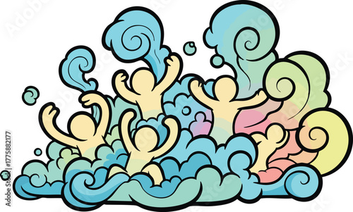 Stylized illustration of happy people splashing in colorful bubbly water with playful waves against a white background