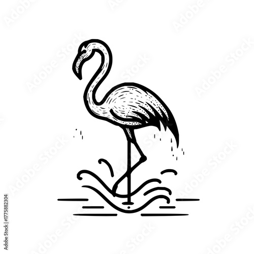 Illustration of a flamingo standing in water with a long neck and thin legs in black and white style