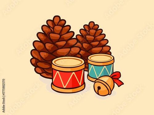 Miniature decoration set (pine cone, small drum)