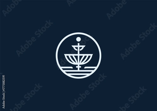A minimalist fountain logo in elegant line style, featuring flowing water arcs with balanced symmetry, symbolizing purity, creativity, and continuous inspiration in vector design