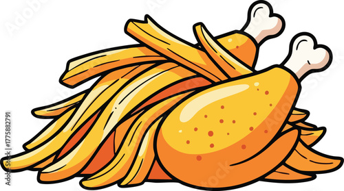 Golden Fried Chicken Legs and Crispy French Fries Heap Isolated on White Background