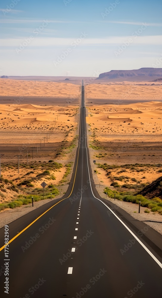 Fototapeta premium A long empty asphalt road stretches through a vast desert landscape with sand dunes and mesas under a clear blue sky