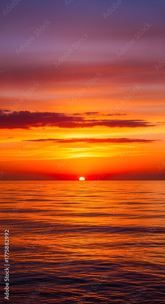 Fototapeta premium Vibrant sunset over rippling ocean water with dramatic orange and purple clouds