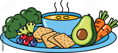 Healthy food platter with soup crackers avocado carrots broccoli blueberries strawberries and steaming hot broth