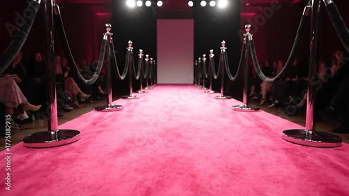 A vibrant pink carpet runway lined with velvet ropes and onlookers, illuminated by bright lights