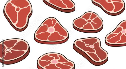 Assorted Raw Steak Slices Scattered On A White Background With Pixel Art Style
