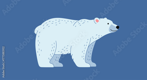 A charming and minimalist cartoon illustration of a friendly white polar bear with pink ears, in profile on a plain blue background.
