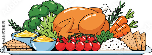 Pixel Art Style Roasted Turkey Dinner With Mashed Potatoes Corn Broccoli Carrots Rice And Toast