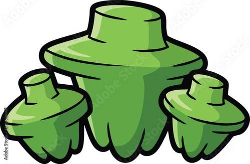 Three Green Alien Creatures With Round Hats And Blob Like Bodies In A Cartoon Style