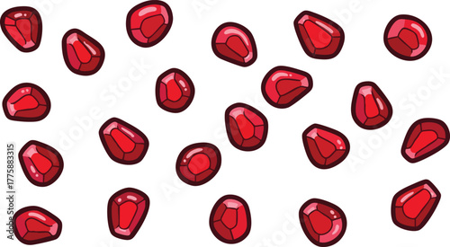 Scattered Red Pomegranate Seeds Against a White Background A Healthy Fruit Ingredient Detailed Pixel Art Style