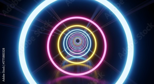 Neon glowing rings in a dark circular tunnel with light rays emanating