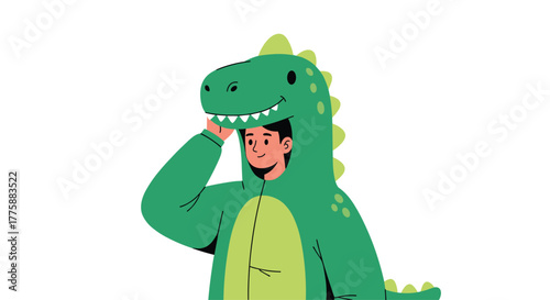 A cheerful person in a vibrant green dinosaur costume joyfully lifts the costume's head, revealing their smiling face on a white background.