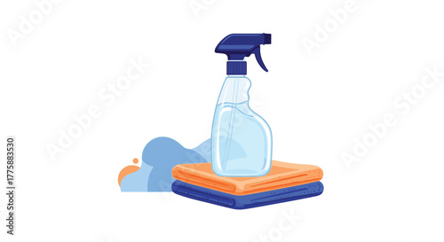 A clear spray bottle with a blue top stands on a stack of neatly folded orange and blue towels, with abstract shapes in the background.