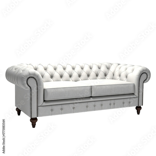 White, button-tufted chesterfield sofa on a black background