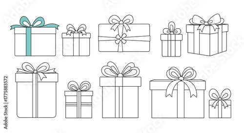 A collection of various gift boxes, some with colorful ribbons, depicted in a clean line art style, perfect for holiday and celebration designs.