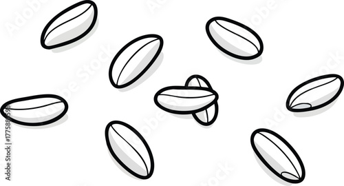Scattered Grains Of Rice Isolated On White Background With Soft Shadows Minimalist Style
