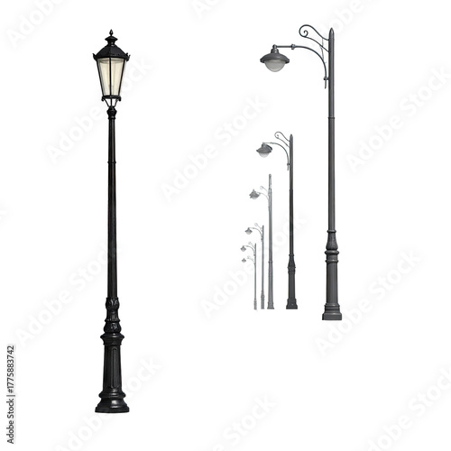 Victorian street lamps, black ornate design on plain backdrop
