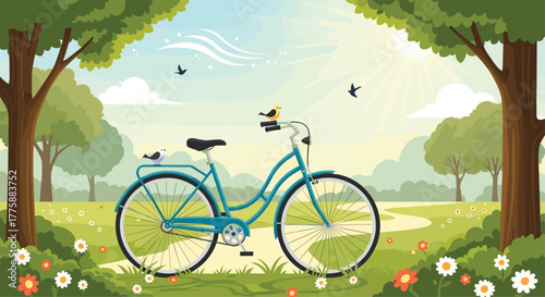 A teal bicycle rests on a path in a vibrant green park, surrounded by lush trees, colorful flowers, and birds under a bright, sunny sky.
