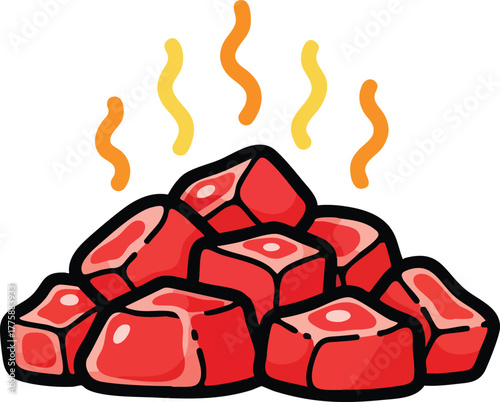 Pile of Raw Meat Cubes With Steam Rising From Them