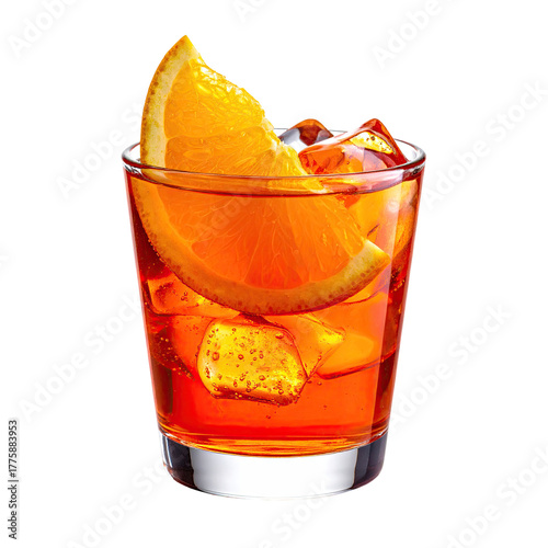 Orange drink with ice and a slice in a short, clear glass