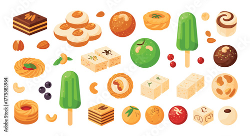 A vibrant assortment of traditional Indian and Middle Eastern sweets, desserts, chocolates, and nuts, perfect for festive celebrations.