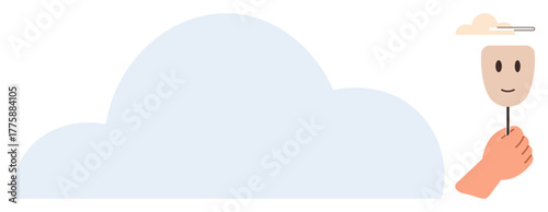 Hand holding smiling mask beside large cloud symbolizing identity, transparency, data privacy. Ideal for data security, cloud storage, identity, online persona, privacy, anonymity simple flat