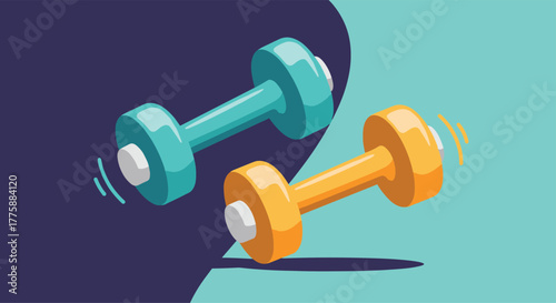 Two colorful dumbbells, one teal and one orange, are depicted with subtle motion lines, symbolizing fitness, health, and exercise.