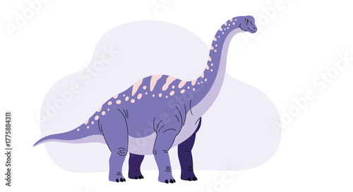 A whimsical cartoon illustration of a friendly purple long-necked dinosaur with light spots and stripes, standing on a light purple background.