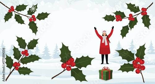 Cheerful woman in festive red winter attire happily celebrates the holiday season in a snowy landscape with holly branches and a gift.