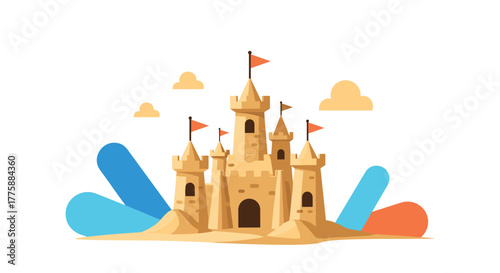 A charming flat illustration depicts a detailed sandcastle with flags, surrounded by abstract colorful shapes and gentle clouds.