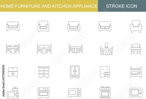 Home Furniture and Kitchen Appliance Icon Set | Sofa, Chair, Dining Table, Cabinet, Wardrobe, Bed, Stove, Microwave, Outline Vector Icons