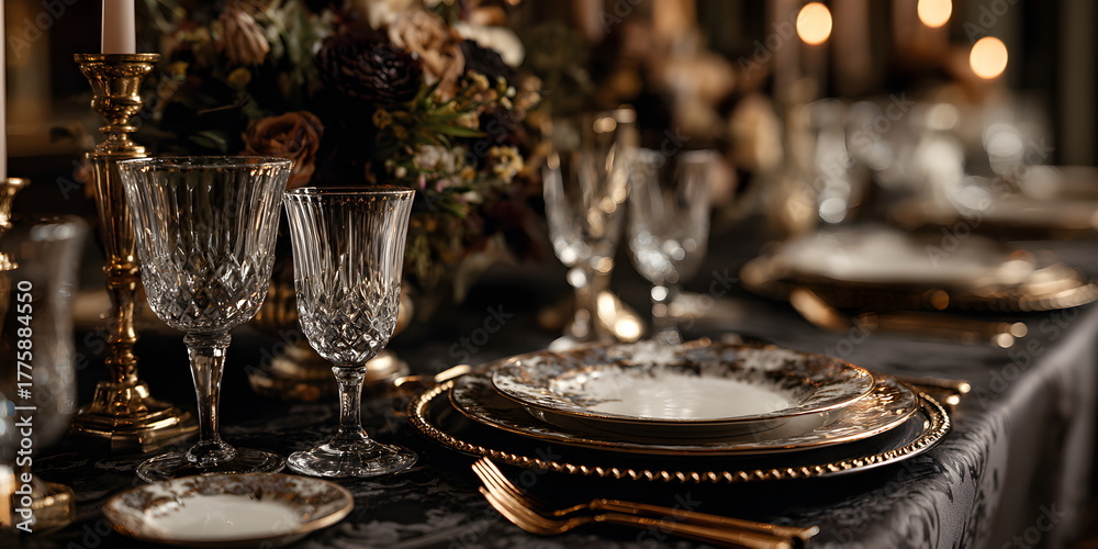 Fototapeta premium Luxury thanksgiving dinner table with gold and crystal details