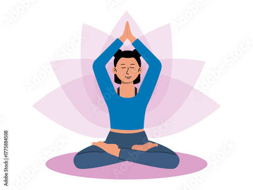 Young woman doing yoga Lotus pose Padmasana. Meditation vector illustration. Flat illustration concept.