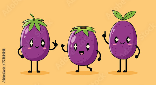 Three adorable cartoon purple eggplant characters with happy faces and sparkling eyes are posing on a cheerful yellow background.