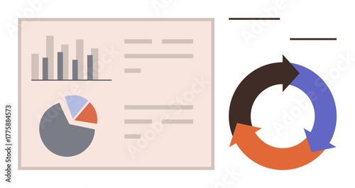 Bar chart, pie chart, and circular flow diagram visualizing analytics and processes. Ideal for business growth, teamwork, report, insights, statistics, data presentation simple flat metaphor