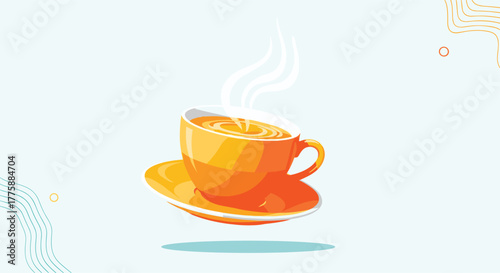 A vibrant, steaming cup of orange tea with its matching saucer gracefully floats against a serene light blue background, accented with abstract patterns.