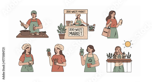 A collection of flat vector illustrations featuring diverse people embracing an eco-friendly and zero-waste lifestyle through sustainable daily habits
