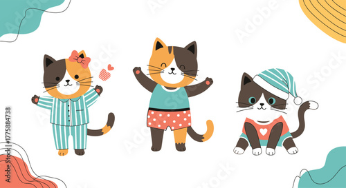 Three adorable cartoon cats in various pajamas and sleepwear, showcasing a range of playful and relaxed moods, with abstract background elements.