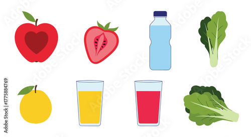 An assortment of fresh fruits, leafy green vegetables, and refreshing healthy drinks, symbolizing a vibrant and nutritious lifestyle.