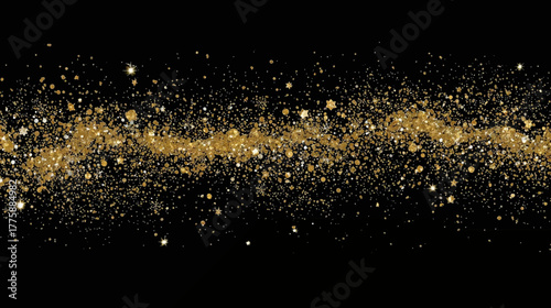 A shimmering golden glitter stream dances gracefully against a stark black background, creating an elegant and captivating visual effect.