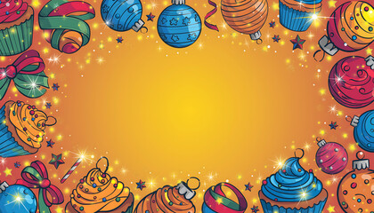 A festive border of colorful Christmas ornaments and decorated cupcakes surrounds a warm, glowing orange background, sprinkled with sparkling stars and festive ribbons.
