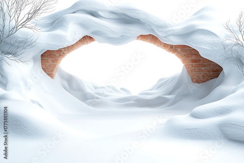 Snowy Archway Framed by Smooth Snow and Brick in a Bright Winter Landscape
