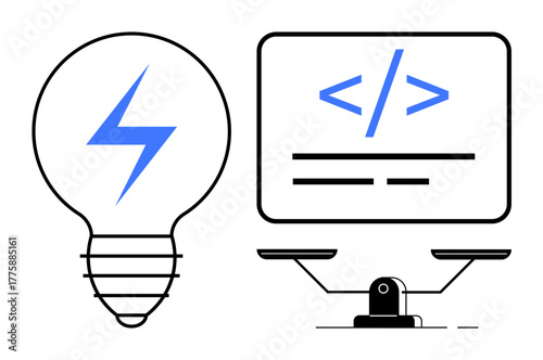 Light bulb with a lightning bolt beside a monitor displaying coding brackets balanced on scales. Ideal for innovation, technology, coding, energy efficiency, balance, creativity, sustainability. A