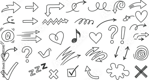 Hand Drawn Arrows and Symbols Collection on White Background, Doodle Style Elements