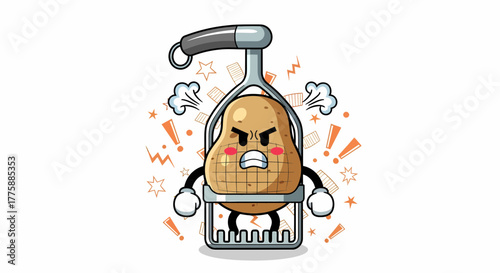 Angry Potato Masher Cartoon Character with Steam and Lightning.